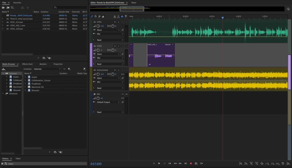 A screenshot of my workspace displaying different overlayed audio files I put together for my parody song in Adobe Audition.
